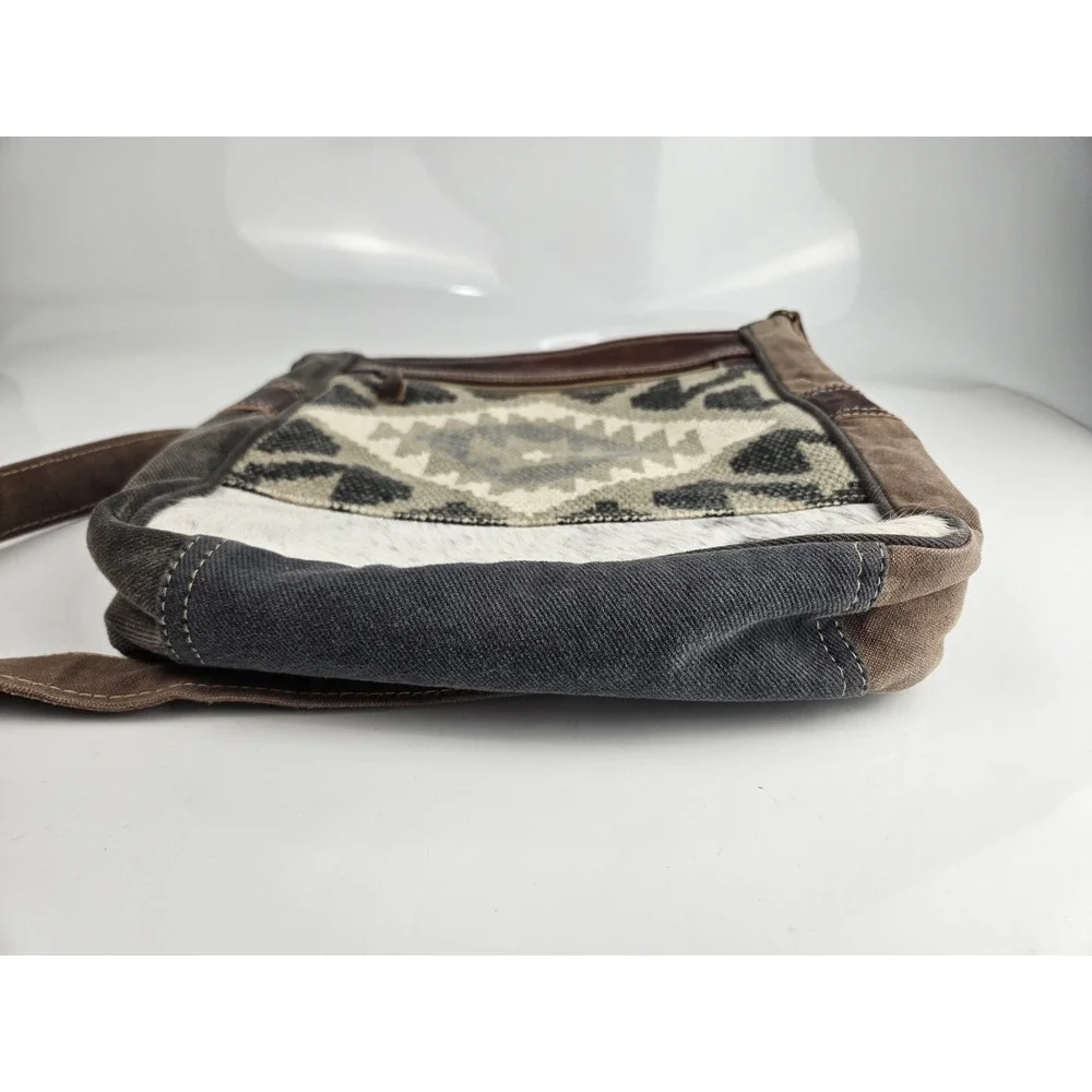 Myra Crossody Bag Southwest Print Woven‎ Leather Cowhide Accent Grey Brown White